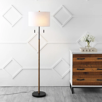 JONATHAN Y MAUDE 61" RUSTIC FARMHOUSE IRON CANDLESTICK PULL CHAINS LED FLOOR LAMP, BROWN WOOD FINISH/BLACK