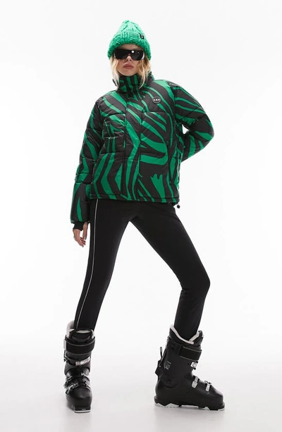 Topshop Sno Funnel Neck Puffer Ski Jacket In Green Zebra Print-yellow