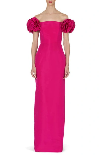 Carolina Herrera Off Shoulder Column Gown With Flower Detail In Begonia