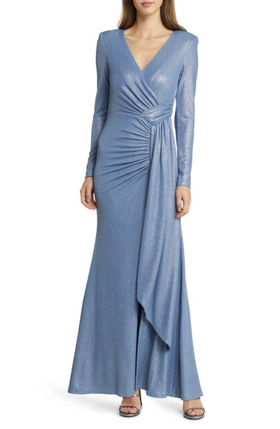 Vince Camuto Ruched Metallic Side Drape Long Sleeve Gown In Blue