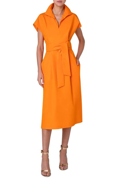 Akris Cap-sleeve Waist-sash Cotton Silk Midi Shirtdress In 026 Pumpkin