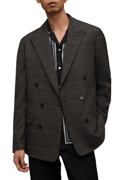 Allsaints Spica Checked Double Breasted Blazer In Brown