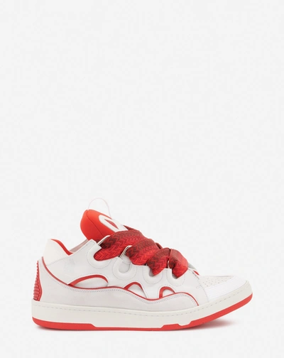 Lanvin Curb Leather Trainers In Blanc/rouge