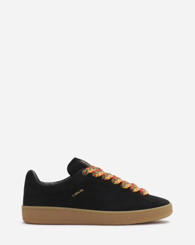 Lanvin Men's Black Suede Low Top Sneakers With Multicolor Lace-up Closure