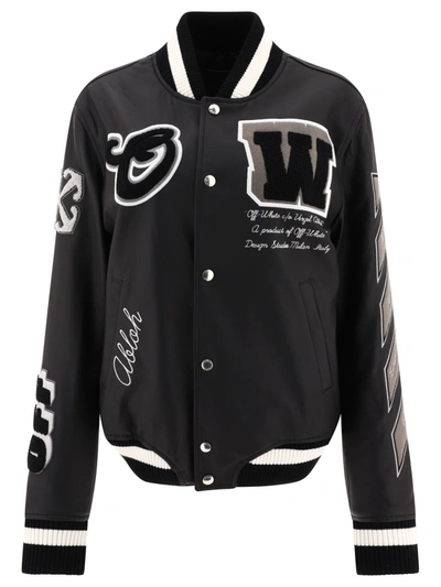 Off-white Leather Varsity Jacket In Black