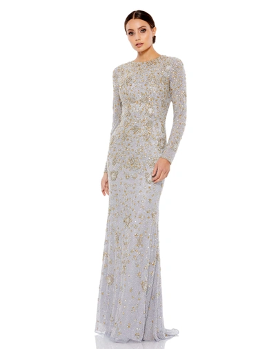 Mac Duggal Two Tone Beaded High Neck Long Sleeve Gown In Platinum Gold
