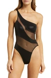 Norma Kamali One-shoulder Snake-print Mesh One-piece Swimsuit In Black/ Black Mesh