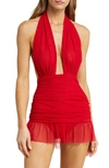 Norma Kamali Ruffle Halter Mio Swimdress In Tiger Red