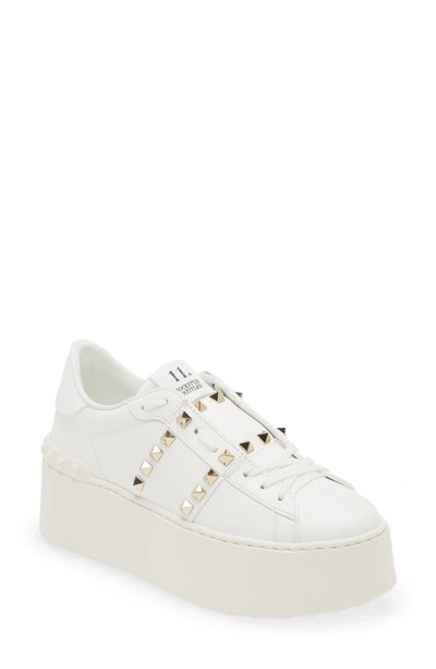 Valentino Garavani Flatform Rockstud Untitled Trainer In Calfskin And Wool Woman White 39