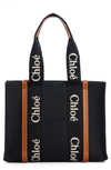 Chloé Medium Woody Linen Canvas Tote In Black - Beige