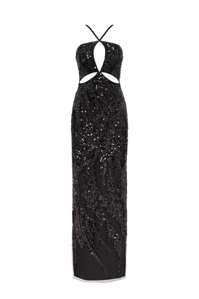 Milla Cut-out Halterneck Black Maxi Covered In Sequins