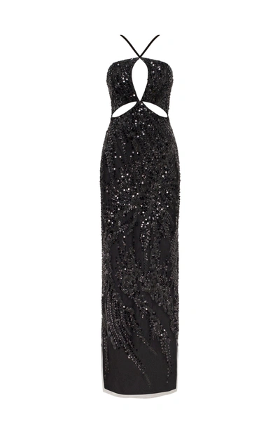 MILLA CUT-OUT HALTERNECK BLACK MAXI COVERED IN SEQUINS, SMOKY QUARTZ