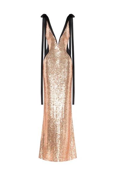 Milla Bizzare Fully Sequined Tie-straps Gold Maxi Dress In Golden Rose