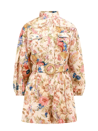 Zimmermann August Belted Floral-print Linen Playsuit In Cream