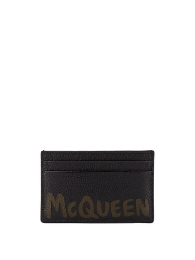 Alexander Mcqueen Graffiti-print Leather Card Holder In Black Khaki