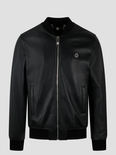 Philipp Plein Billy Leather Bomber Jacket In Black  