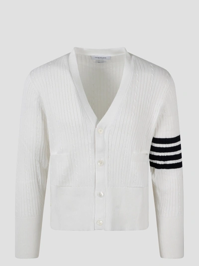 Thom Browne 4 Bar Cable Rib Stitch V Neck Cardigan In White