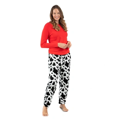 Leveret Womens Cotton Top And Fleece Pant Pajamas Cow Black In Red