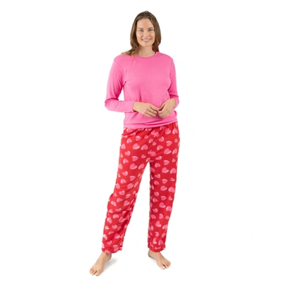 Leveret Womens Cotton Top And Fleece Pant Pajamas Heart In Pink