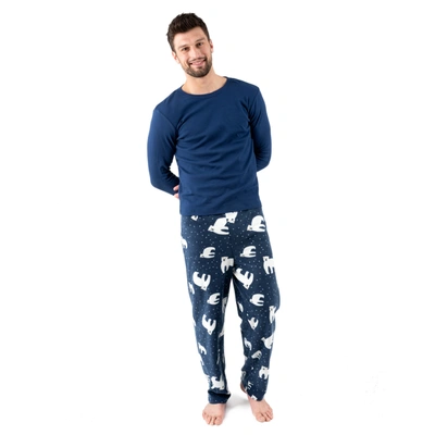 Leveret Christmas Mens Cotton Top And Fleece Pant Pajamas Bear In Blue