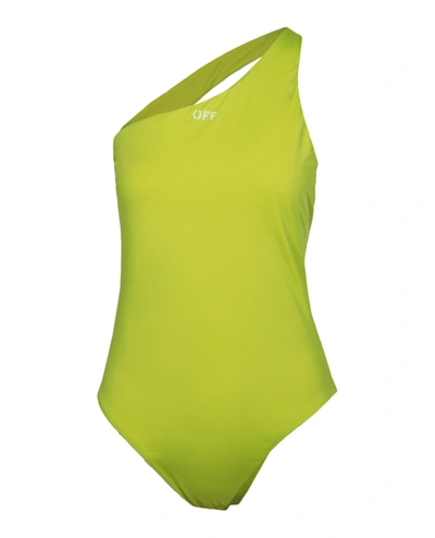 Off-white One-shoulder Printed Swimsuit In Green