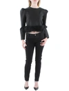 Beulah Womens Feather Trim Long Sleeve Cropped In Black