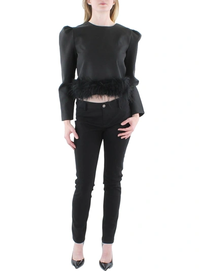 Beulah Womens Feather Trim Long Sleeve Cropped In Black