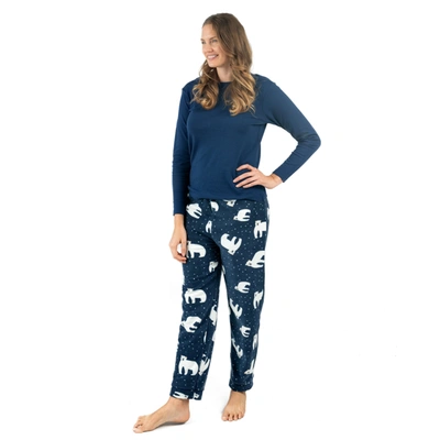 Leveret Christmas Womens Cotton Top And Fleece Pant Pajamas Bear In Blue