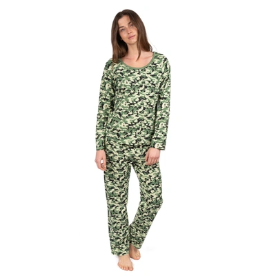 Leveret Womens Two Piece Cotton Loose Fit Pajamas Camouflage In Green