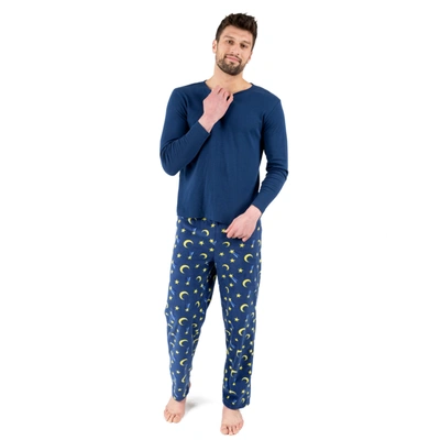 Leveret Mens Cotton Top And Fleece Pant Pajamas Moon In Blue