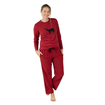 Leveret Christmas Womens Cotton Top Flannel Pant Pajamas Reindeer In Red