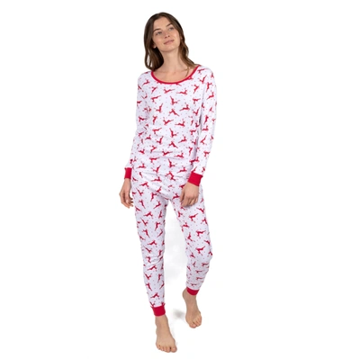 Leveret Christmas Womens Two Piece Cotton Pajamas Reindeer Red And White