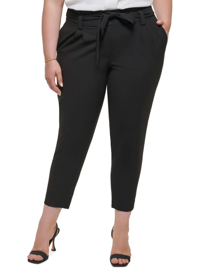 Calvin Klein Plus Womens Tie Waist Linen Blend High-waist Pants In Black