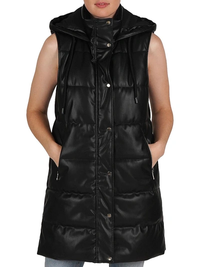 Stella & Lorenzo Womens Faux Leather Quilted Outerwear Vest In Black