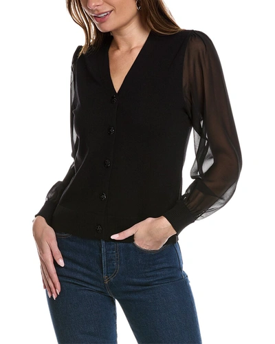 Anne Klein Women's Sheer-sleeve V-neck Cardigan In Black