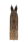 MILLA GALA-WORTHY BEIGE MAXI DRESS COVERED IN BLACK SEQUINED ORNAMENT, SMOKY QUARTZ