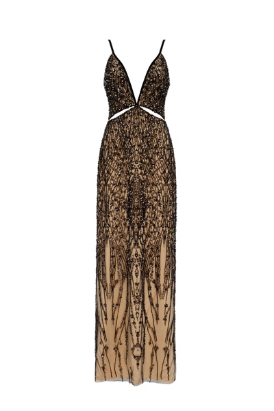 Milla Gala-worthy Beige Maxi Dress Covered In Black Sequined Ornament In Beige&black