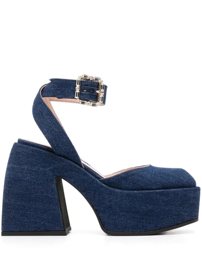 Nodaleto Bulla Sofia Denim Platform Pumps In Dark Jean With Clear Strass