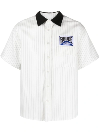 Rhude Logo Patch Stripe Twill Mechanic Shirt In White