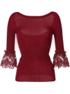 Oscar De La Renta 3/4-sleeve Lace-cuff Merino Wool Sweater, Dark Red In Bordeau