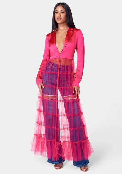 Bebe Satin Tailored Jacket With Tulle Hem In Pink Peacock