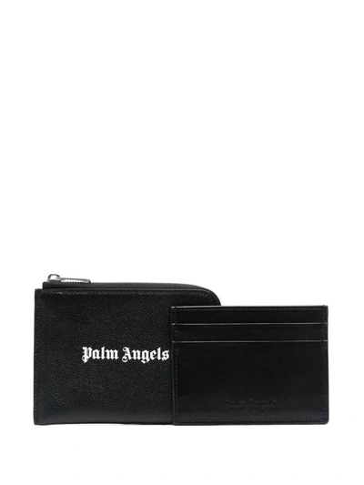 Palm Angels Logo Zipped Card Holder In Black Whit
