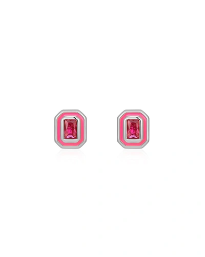 Luv Aj Bezel Studs- Hot Pink- Silver