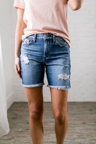 Kancan Halfway There Distressed Denim Shorts In Blue