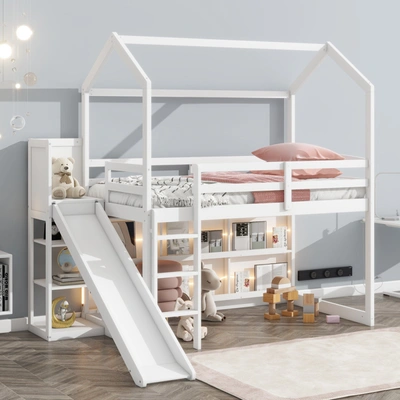 Simplie Fun Twin Size Wood House Loft Bed With Slide In White