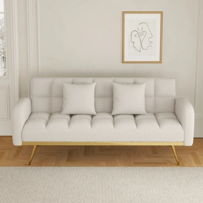 Simplie Fun 69-inch Beige Sofa Bed With Adjustable Sofa Teddy Fleece 2 Throw Pillows