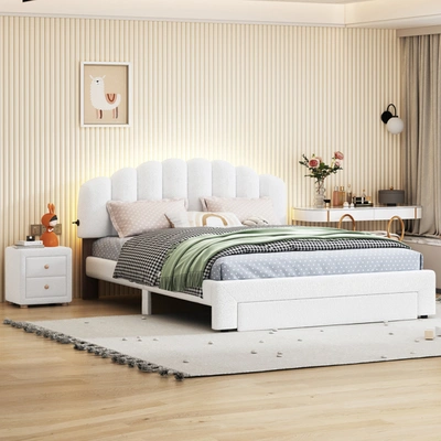 Simplie Fun Teddy Fleece Queen Size Upholstered Platform Bed With Drawer
