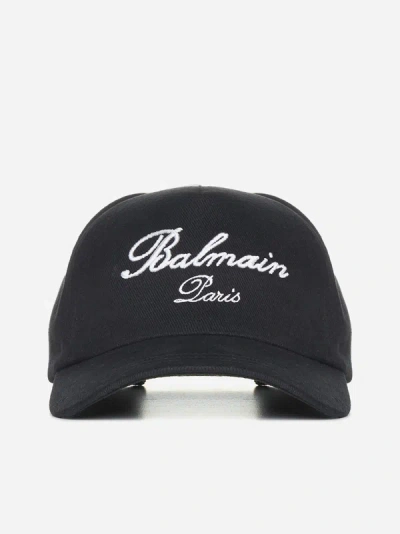 Balmain Man Black Cotton Hat In Black,white