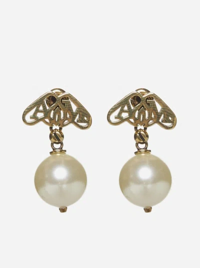 Alexander Mcqueen Seal Logo Pearl Earrings In Gold