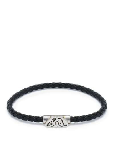 Alexander Mcqueen Leather Bracelet With Seal Logo And Antique Silver Finish In Metallic